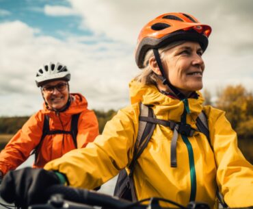 two middle aged people cycling to show the 5 Health and well-being benefits of cycling to work