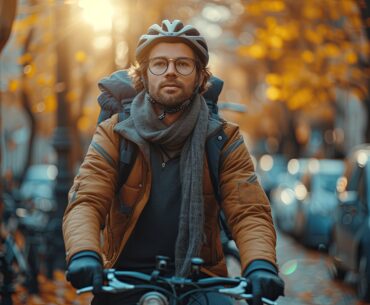 Man cycling to work in the autumn