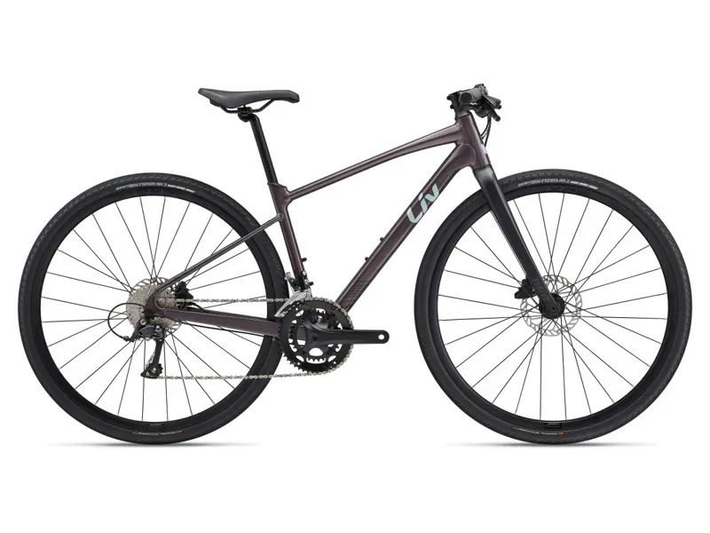 2023 Liv Thrive 2 Hybrid Bike In Gloss Charcoal Plum